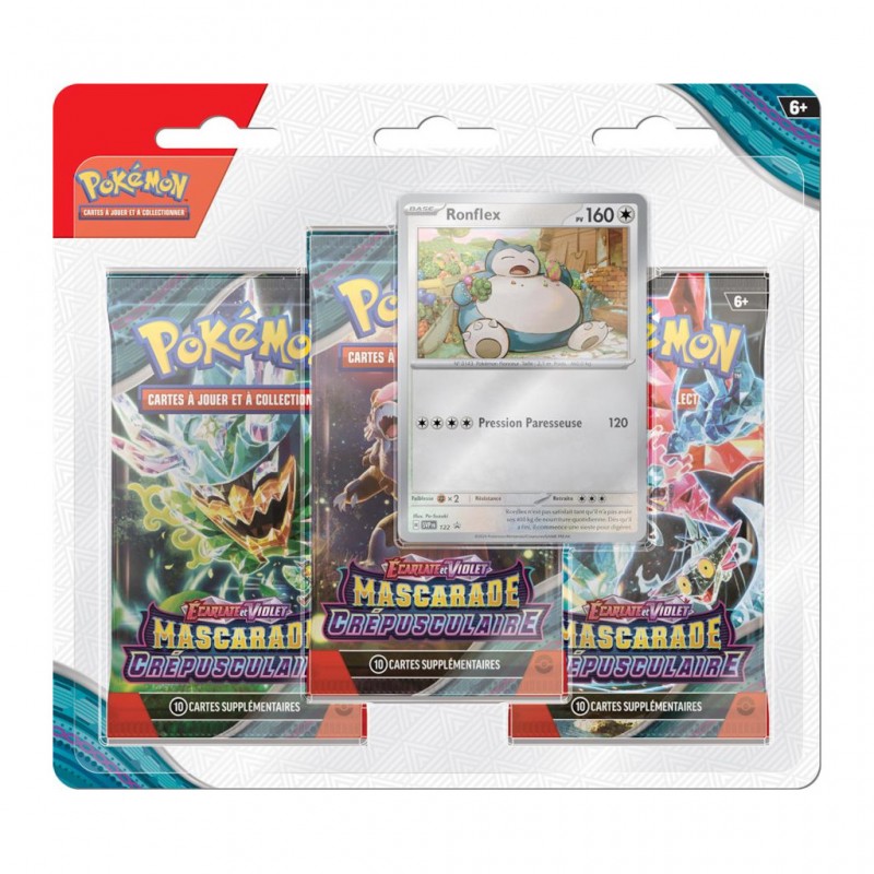 POKÉMON JCC - ÉCARLATE ET VIOLET - PACK BLISTER DE 3 BOOSTERS MASCARADE CRÉPUSCULAIRE VROMBOTOR ET RONFLEX (1 BOOSTER ALÉATOIRE)