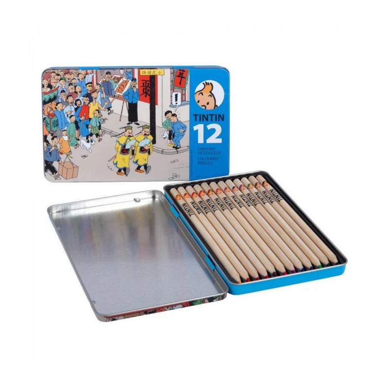 Boîte en métal Tintin avec 12 crayons de couleur - Le Lotus bleu
