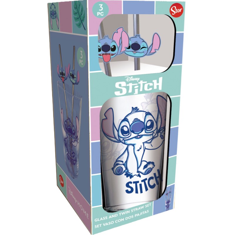 STITCH - Pack Verre XXL Premium 480ml + 2 Pailles en Métal